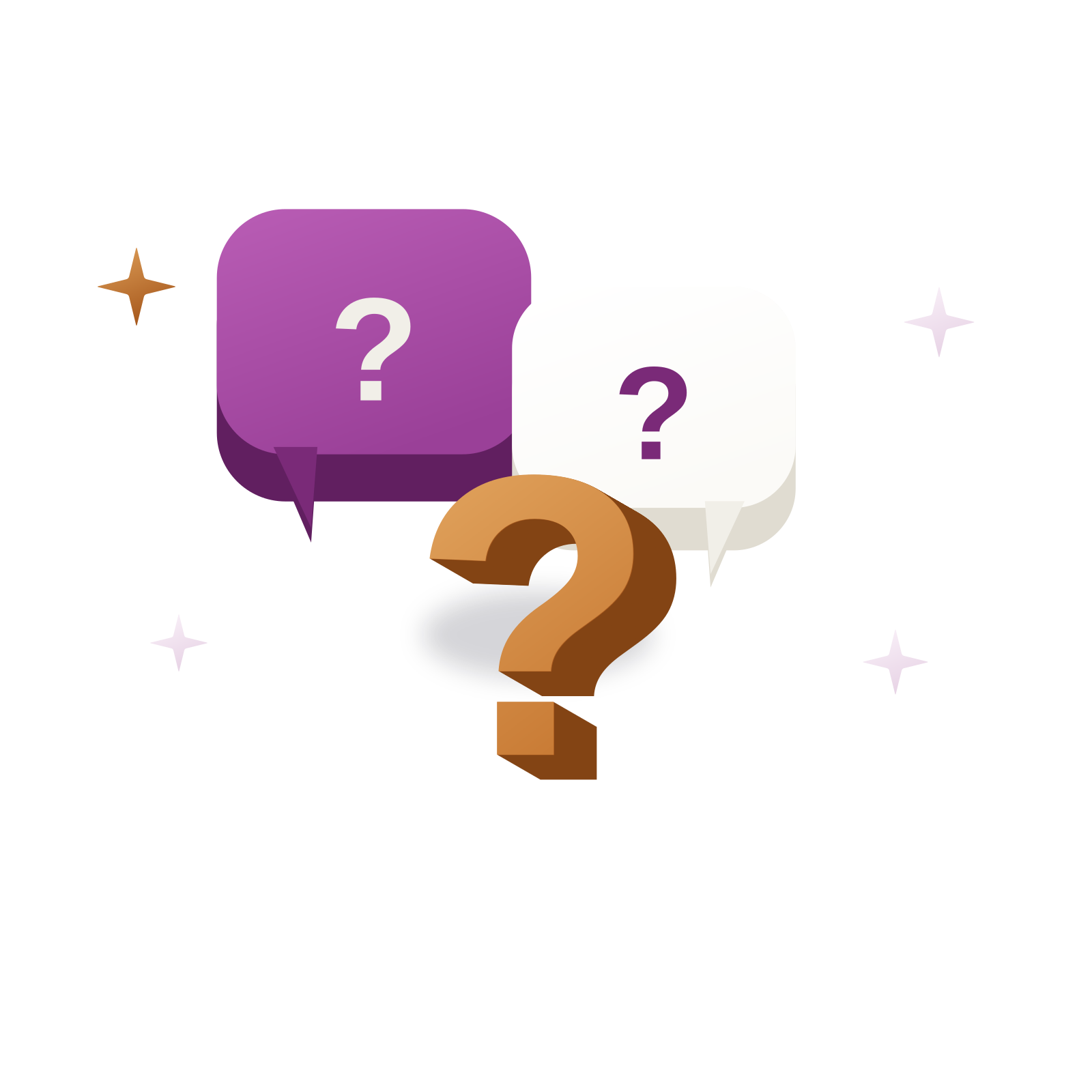 Isometric 3D illustration: three overlapping speech bubbles with question marks