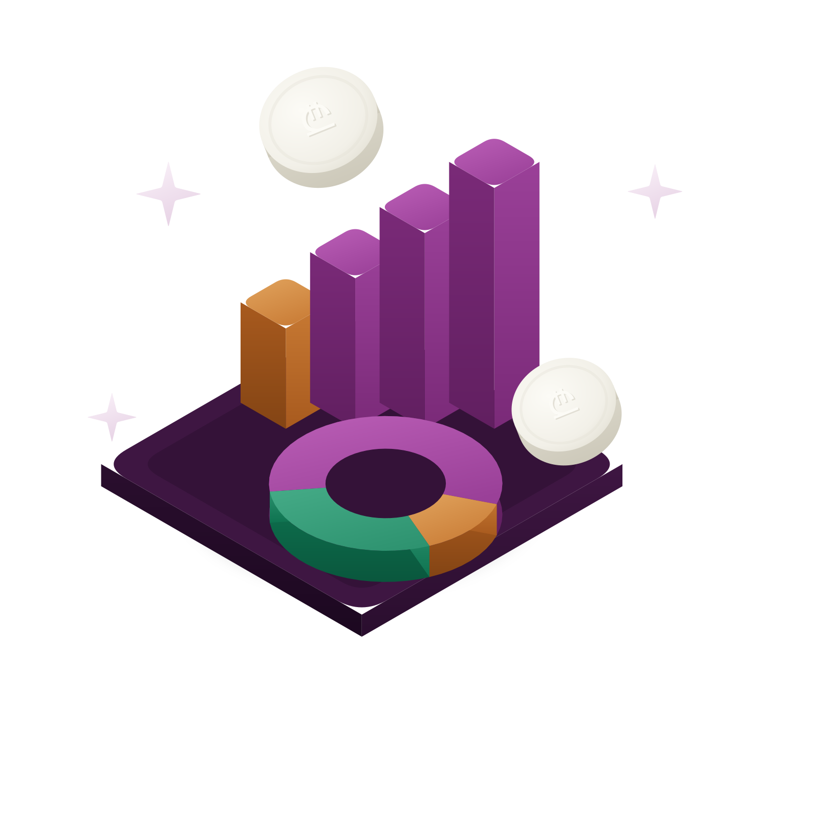 Isometric 3D illustration: a rising bar chart and a ring chart with “₾” coins on a dark slab