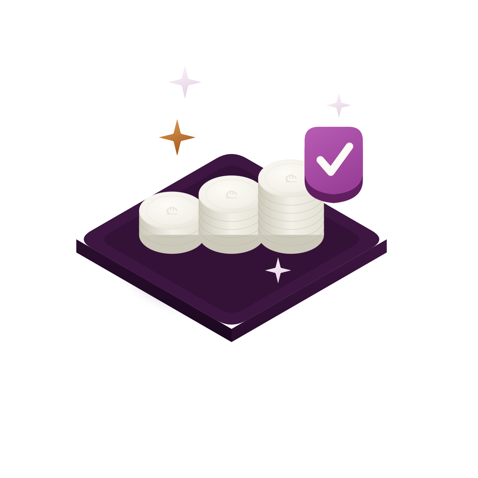 Isometric 3D illustration: three rising stacks of “₾” coins — the funded pension pot (employee, employer, state)